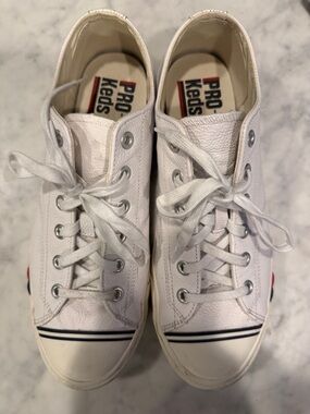 Keds White Leather Low-Top Sneakers with Navy Trim